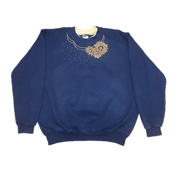 Morning Sun Tops - SUNBURST BY MORNING STAR BEDAZZLED SUNFLOWER NAVY BLUE GRANDMA SWEATHSHIRT